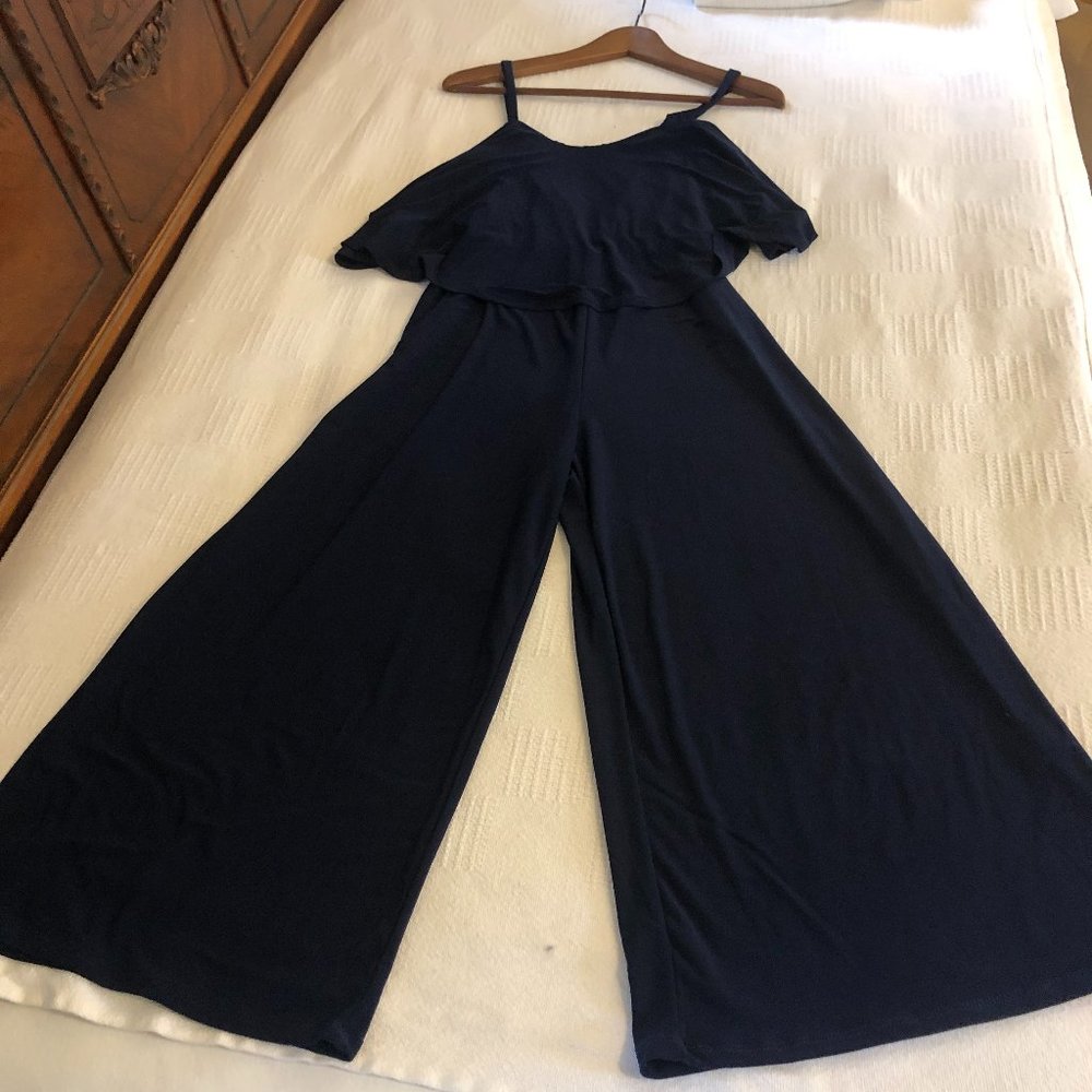 Rolla Coster SMALL Blouson Jumpsuit Navy Blue Wide Leg Poly SPandex B66